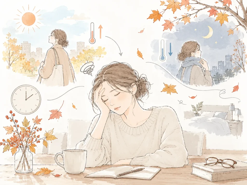 秋の気温差と疲れのイラスト